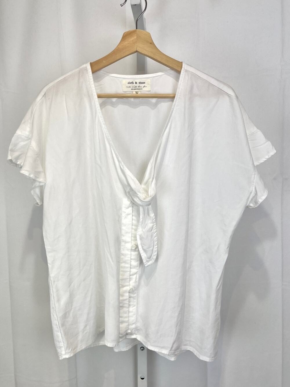 CLOTH & STONE Tie Neck Button Front Top Short Sleeve Lyocell White Size M